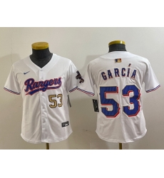 Youth Texas Rangers 53 Adolis Garcia White Gold Cool Base Stitched Baseball Jersey 8