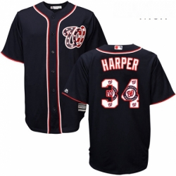 Mens Majestic Washington Nationals 34 Bryce Harper Authentic Navy Blue Team Logo Fashion Cool Base MLB Jersey