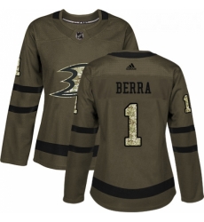 Womens Adidas Anaheim Ducks 1 Reto Berra Authentic Green Salute to Service NHL Jersey 