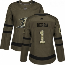 Womens Adidas Anaheim Ducks 1 Reto Berra Authentic Green Salute to Service NHL Jersey 