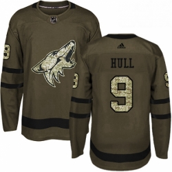 Mens Adidas Arizona Coyotes 9 Bobby Hull Premier Green Salute to Service NHL Jersey 