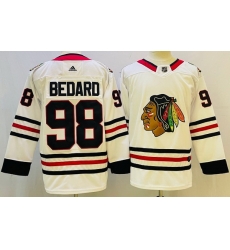 Men Chicago Blackhawks 98 Connor Bedard White Black Stitched Jersey