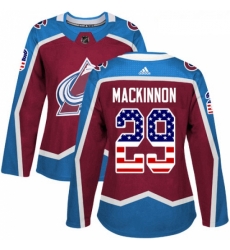 Womens Adidas Colorado Avalanche 29 Nathan MacKinnon Authentic Burgundy Red USA Flag Fashion NHL Jersey 