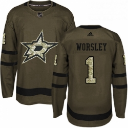 Mens Adidas Dallas Stars 1 Gump Worsley Premier Green Salute to Service NHL Jersey 