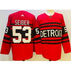Men Detroit Red Wings 53 Moritz Seider Red 2022 23 Reverse Retro Stitched Jersey