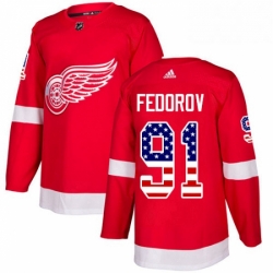 Mens Adidas Detroit Red Wings 91 Sergei Fedorov Authentic Red USA Flag Fashion NHL Jersey 