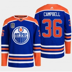 Men Edmonton Oilers 36 Jack Campbell Royal 2024 Stanley Cup Final Patch Stitched Jersey