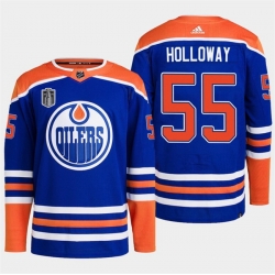 Men Edmonton Oilers 55 Dylan Holloway Royal 2024 Stanley Cup Final Patch Stitched Jersey