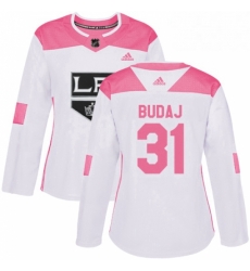 Womens Adidas Los Angeles Kings 31 Peter Budaj Authentic White Pink Fashion NHL Jersey 