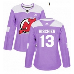 Womens Adidas New Jersey Devils 13 Nico Hischier Authentic Purple Fights Cancer Practice NHL Jersey 