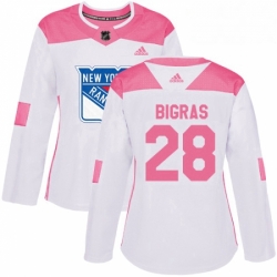 Womens Adidas New York Rangers 28 Chris Bigras Authentic White Pink Fashion NHL Jersey 