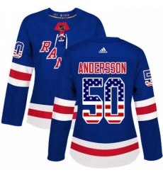 Womens Adidas New York Rangers 50 Lias Andersson Authentic Royal Blue USA Flag Fashion NHL Jersey 