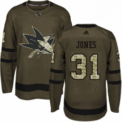 Mens Adidas San Jose Sharks 31 Martin Jones Premier Green Salute to Service NHL Jersey 