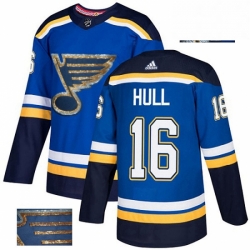 Mens Adidas St Louis Blues 16 Brett Hull Authentic Royal Blue Fashion Gold NHL Jersey 