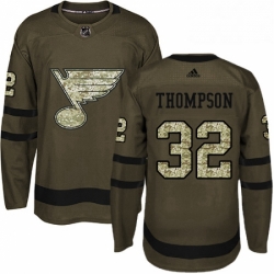 Mens Adidas St Louis Blues 32 Tage Thompson Authentic Green Salute to Service NHL Jersey 