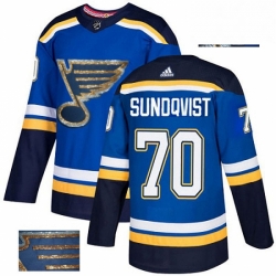 Mens Adidas St Louis Blues 70 Oskar Sundqvist Authentic Royal Blue Fashion Gold NHL Jersey 