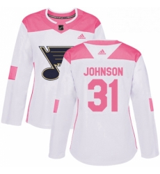 Womens Adidas St Louis Blues 31 Chad Johnson Authentic White Pink Fashion NHL Jersey 