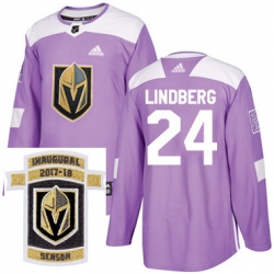 Adidas Golden Knights #24 Oscar Lindberg Purple Authentic Fights Cancer Stitched NHL Inaugural Season Patch Jersey