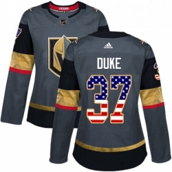 Womens Adidas Vegas Golden Knights 37 Reid Duke Authentic Gray USA Flag Fashion NHL Jersey 