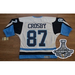 Penguins #87 Sidney Crosby White Blue CCM Throwback 2017 Stanley Cup Finals Champions Stitched NHL Jersey