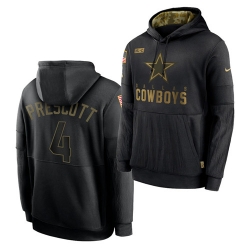 Men Dallas Cowboys 4 Dak Prescott 2020 Salute To Service Black Sideline Performance Pullover Hoodie