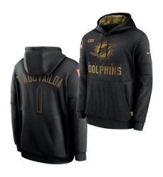 Men Miami Dolphins 1 Tua Tagovailoa 2020 Salute To Service Black Sideline Performance Pullover Hoodie