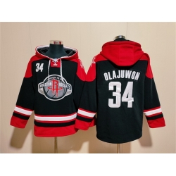 Men Houston Rockets 34 Hakeem Olajuwon Black Red Lace Up Pullover Hoodie