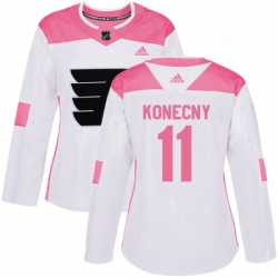 Womens Adidas Philadelphia Flyers 11 Travis Konecny Authentic WhitePink Fashion NHL Jersey 