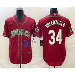 Mens Mexico Baseball #34 Fernando Valenzuela Number 2023 Red Blue World Baseball Classic Stitched Jersey