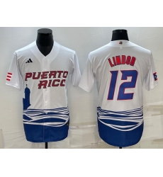 Men Puerto Rico Baseball 12 Francisco Lindor 2023 White World Baseball Classic Stitched Jersey