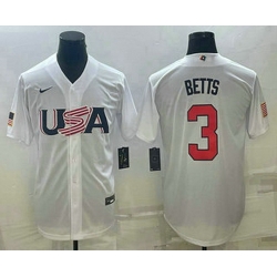 Men's USA Baseball #3 Mookie Betts 2023 White World Baseball Classic Replica Stitched Jersey