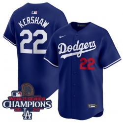 Men Nike Los Angeles Dodgers Clayton Kershaw #22 Blue Flex Base 2024 World Series Champions Stitched MLB Jersey