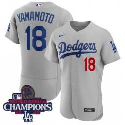 Men Nike Los Angeles Dodgers Yoshinobu Yamamoto #18 Gray Flex Base 2024 World Series Champions Stitched MLB Jersey