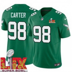 Men Philadelphia Eagles Jalen Carter #98 Kelly Green 2024 2025 Super Bowl LIX F U S E Stitched NFL Jersey