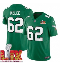 Men Philadelphia Eagles Jason Kelce #62 Kelly Green 2024 2025 Super Bowl LIX F U S E Stitched NFL Jersey